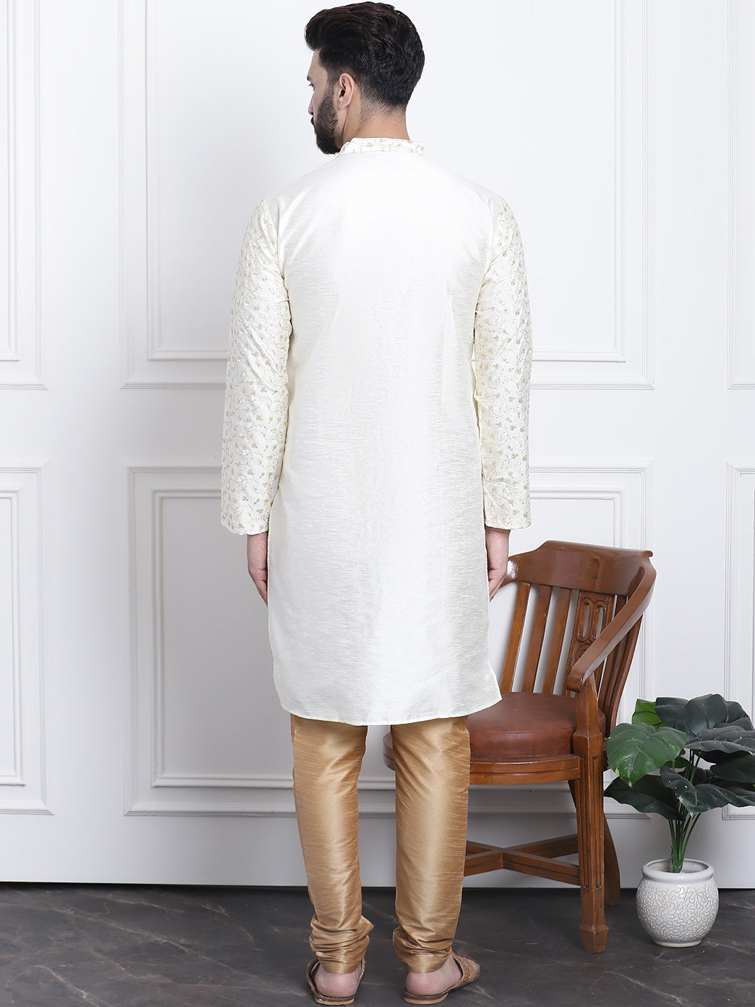 Men's Silk Blend Embroidered Cream Kurta with Gold Churidaar Pyjama