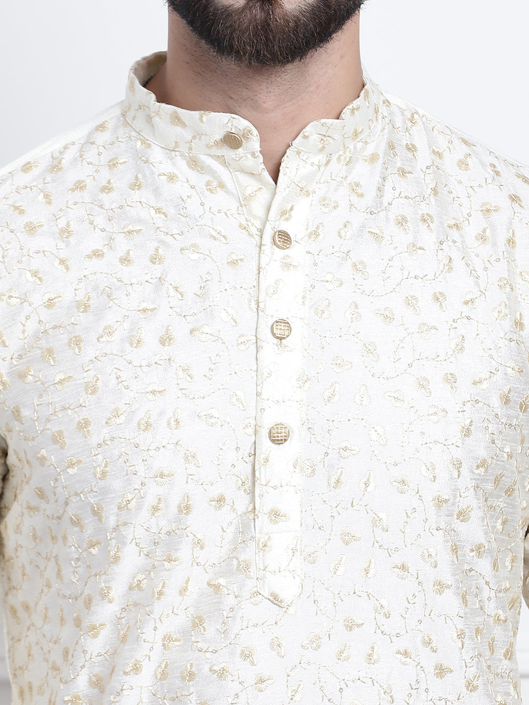 Men's Silk Blend Embroidered Cream Kurta with Gold Churidaar Pyjama