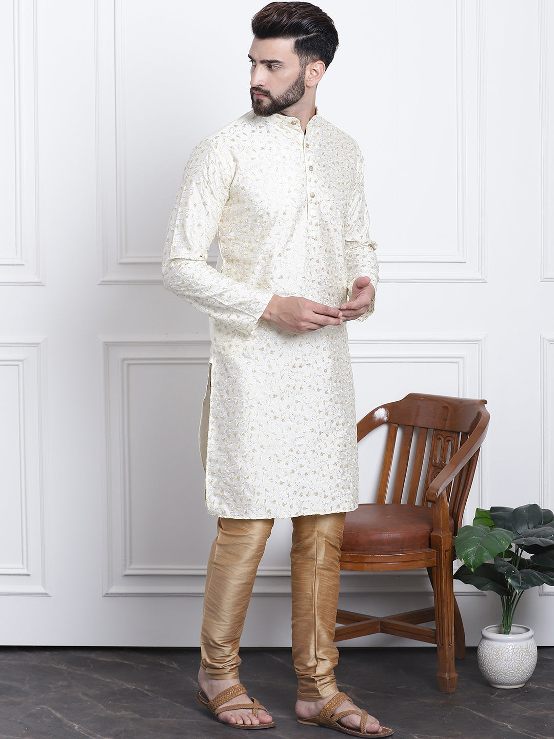 Men's Silk Blend Embroidered Cream Kurta with Gold Churidaar Pyjama