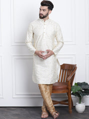 Men's Silk Blend Embroidered Cream Kurta with Gold Churidaar Pyjama