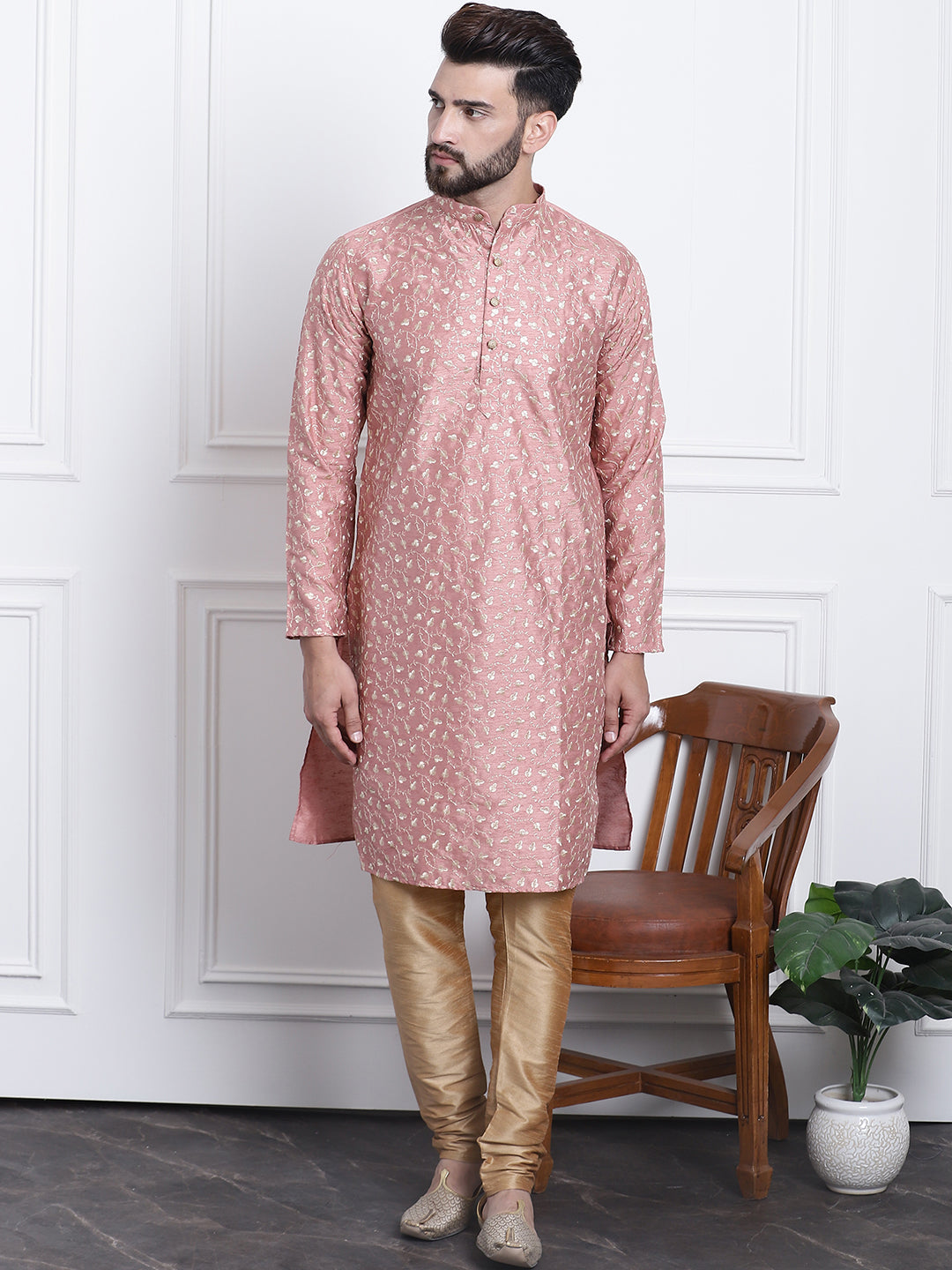 Men's Silk Blend Embroidered Coral Kurta with Gold Churidaar Pyjama