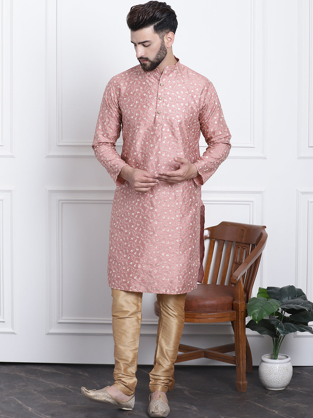 Men's Silk Blend Embroidered Coral Kurta with Gold Churidaar Pyjama