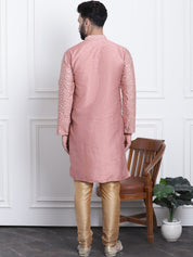 Men's Silk Blend Embroidered Coral Kurta with Gold Churidaar Pyjama