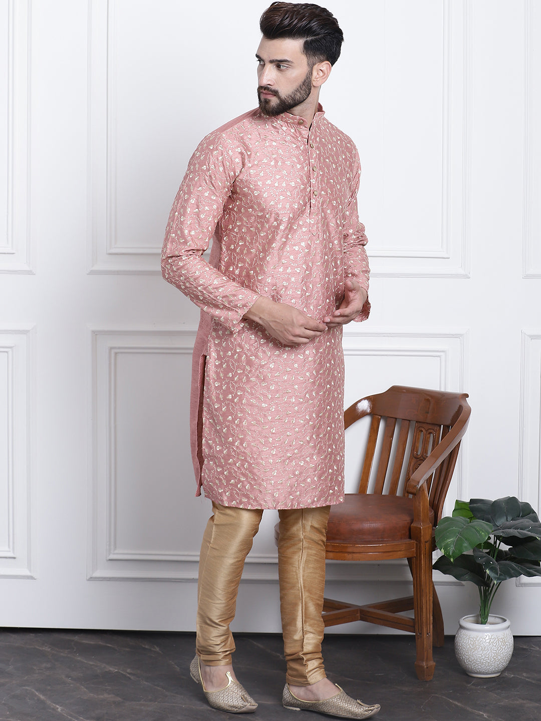 Men's Silk Blend Embroidered Coral Kurta with Gold Churidaar Pyjama