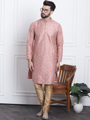 Men's Silk Blend Embroidered Coral Kurta with Gold Churidaar Pyjama