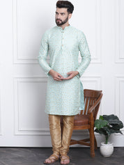 Men's Silk Blend Embroidered Sea Green Kurta with Gold Churidaar Pyjama