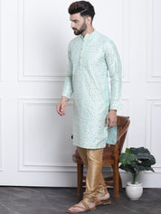 Men's Silk Blend Embroidered Sea Green Kurta with Gold Churidaar Pyjama