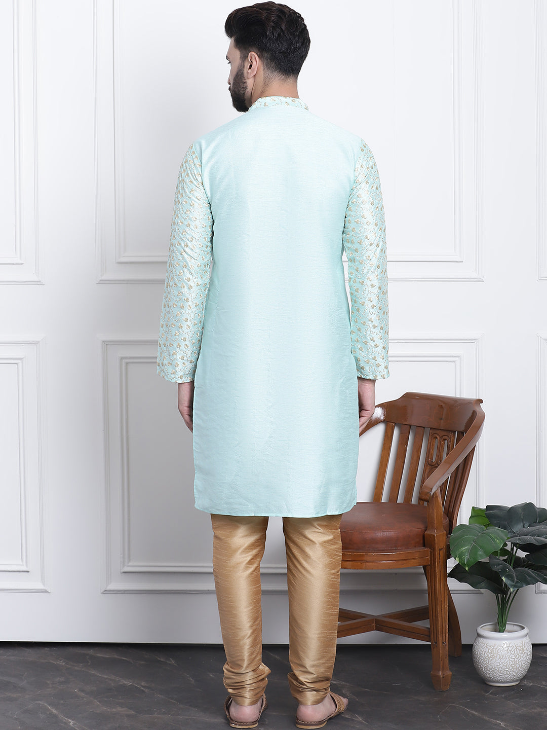 Men's Silk Blend Embroidered Sea Green Kurta with Gold Churidaar Pyjama