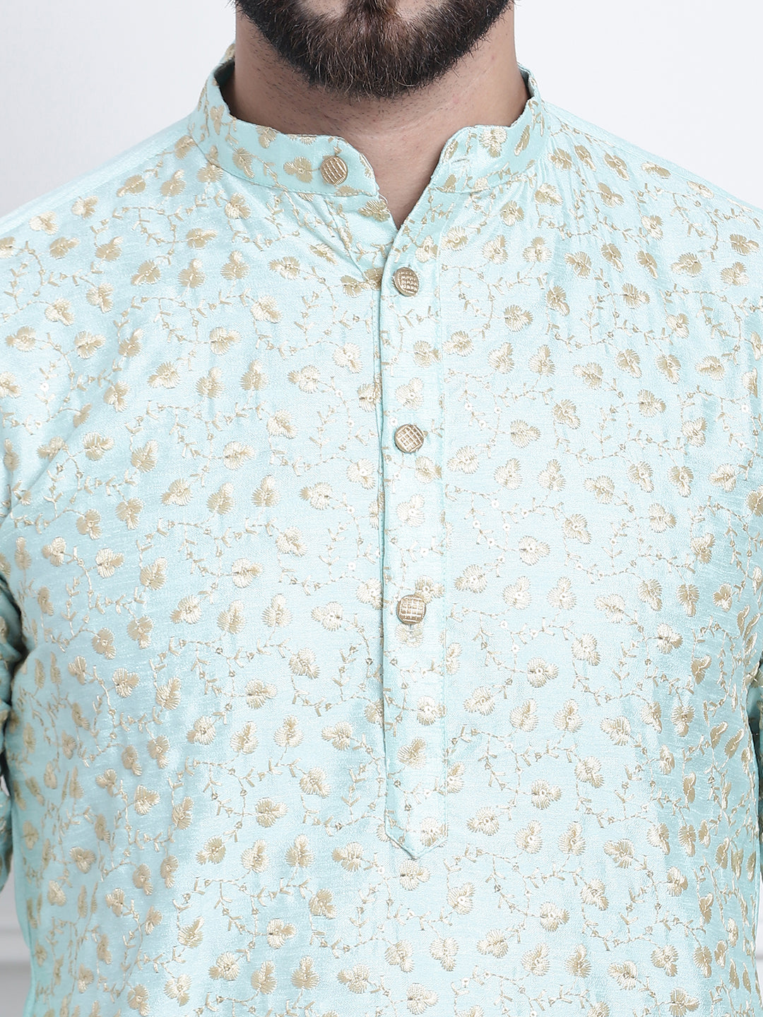 Men's Silk Blend Sea Green Embroidered Kurta & Gold Churidaar Pyjama Set