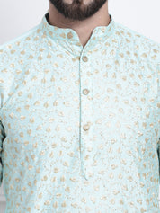 Men's Silk Blend Embroidered Sea Green Kurta with Gold Churidaar Pyjama