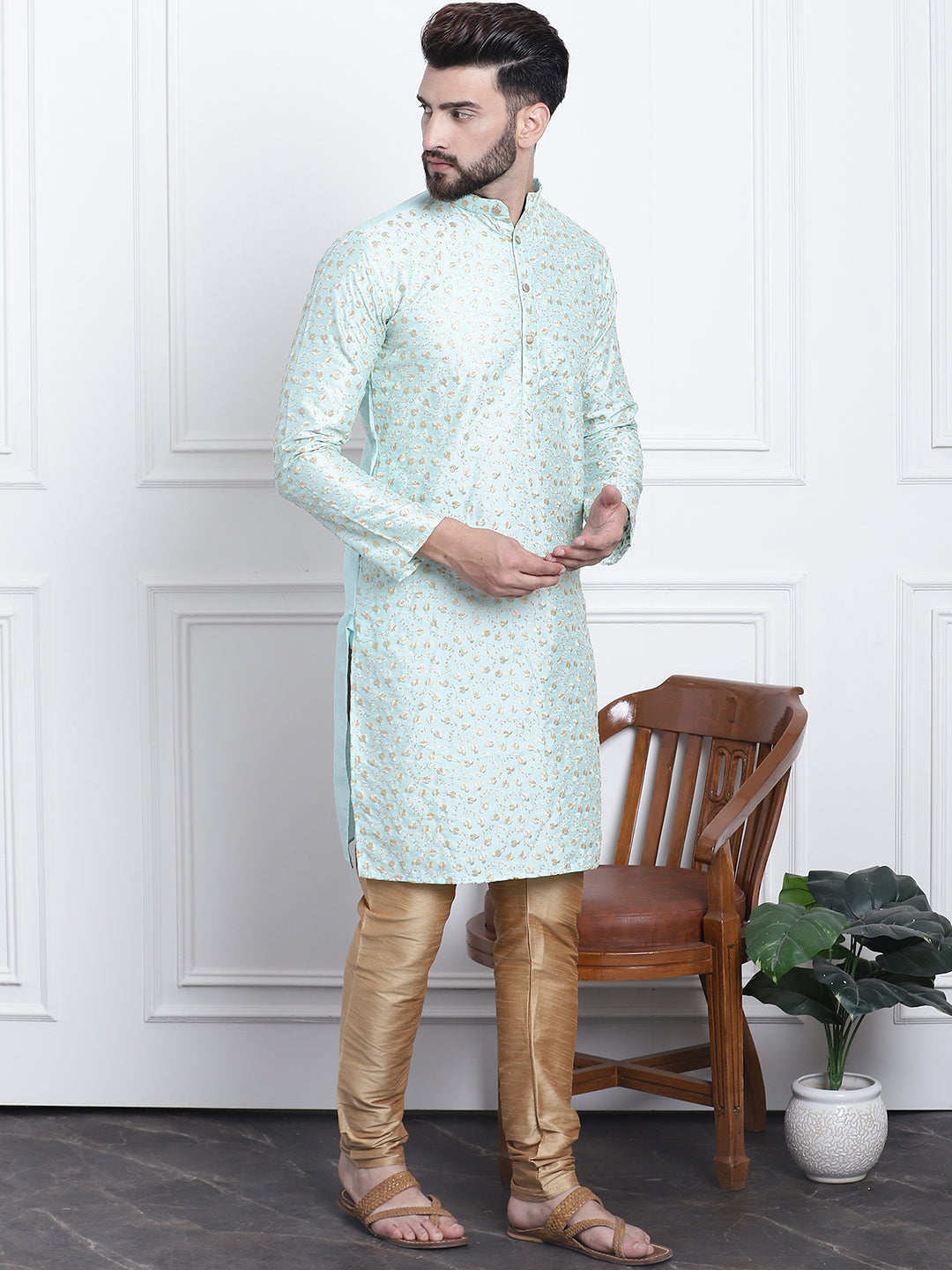 Men's Silk Blend Sea Green Embroidered Kurta & Gold Churidaar Pyjama Set