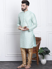 Men's Silk Blend Sea Green Embroidered Kurta & Gold Churidaar Pyjama Set