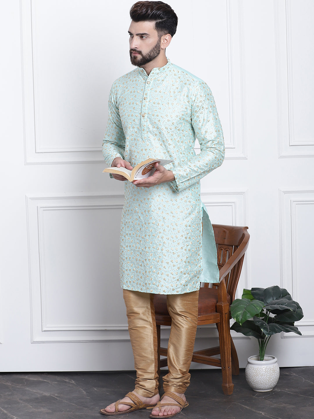 Men's Silk Blend Embroidered Sea Green Kurta with Gold Churidaar Pyjama