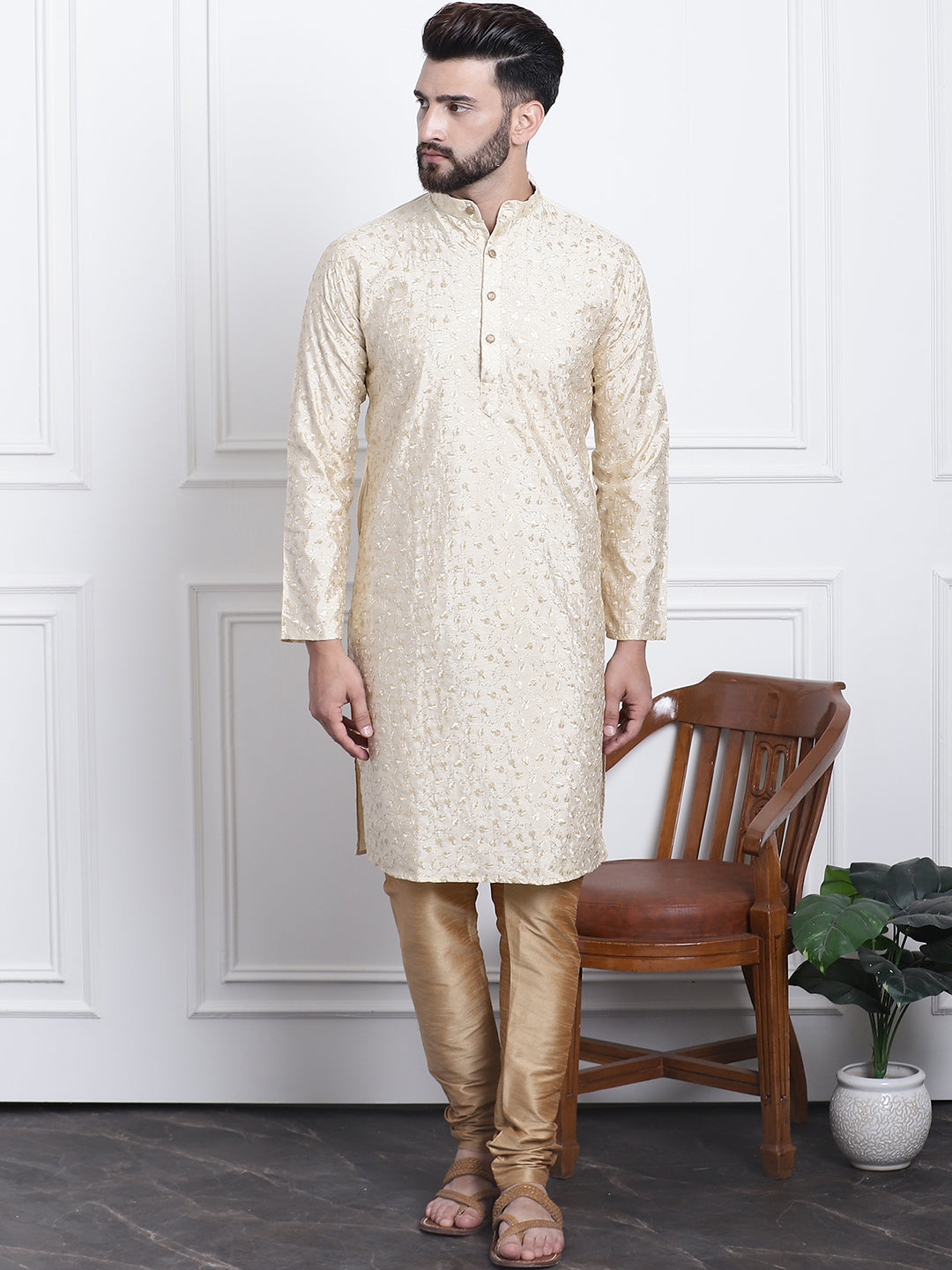 Men's Silk Blend Embroidered Gold Kurta with Gold Churidaar Pyjama