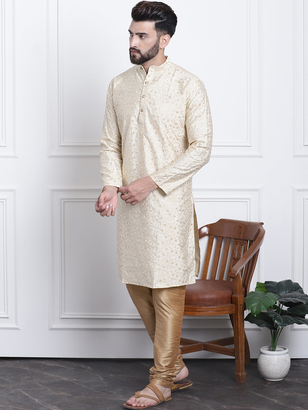 Men's Silk Blend Embroidered Gold Kurta with Gold Churidaar Pyjama