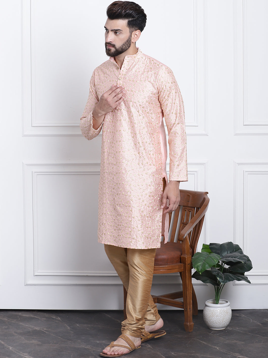 Men's Silk Blend Peach Embroidered Kurta & Gold Churidaar Pyjama Set