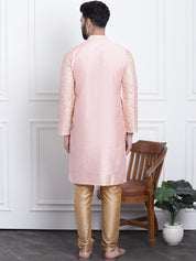 Men's Silk Blend Embroidered Peach Kurta with Gold Churidaar Pyjama