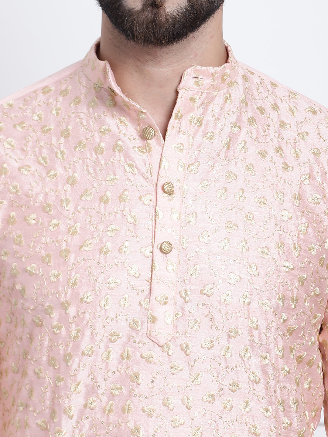 Men's Silk Blend Embroidered Peach Kurta with Gold Churidaar Pyjama