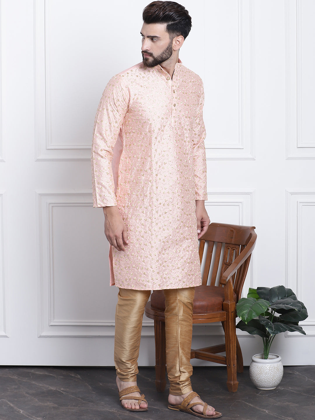 Men's Silk Blend Peach Embroidered Kurta & Gold Churidaar Pyjama Set