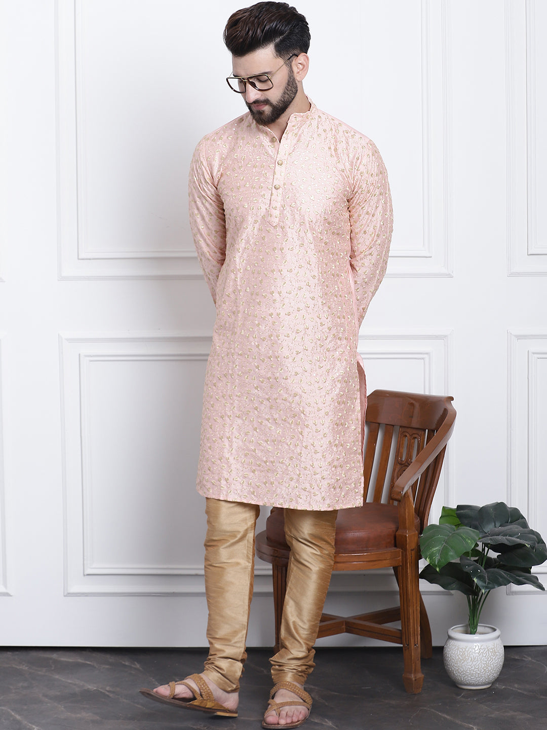 Men's Silk Blend Peach Embroidered Kurta & Gold Churidaar Pyjama Set