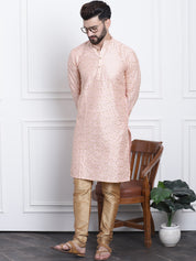 Men's Silk Blend Embroidered Peach Kurta with Gold Churidaar Pyjama