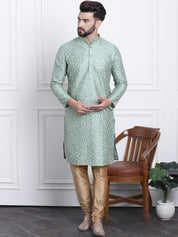 Men's Silk Blend Embroidered Dark Pista Kurta with Gold Churidaar Pyjama