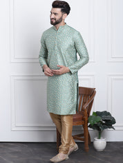 Men's Silk Blend Embroidered Dark Pista Kurta with Gold Churidaar Pyjama