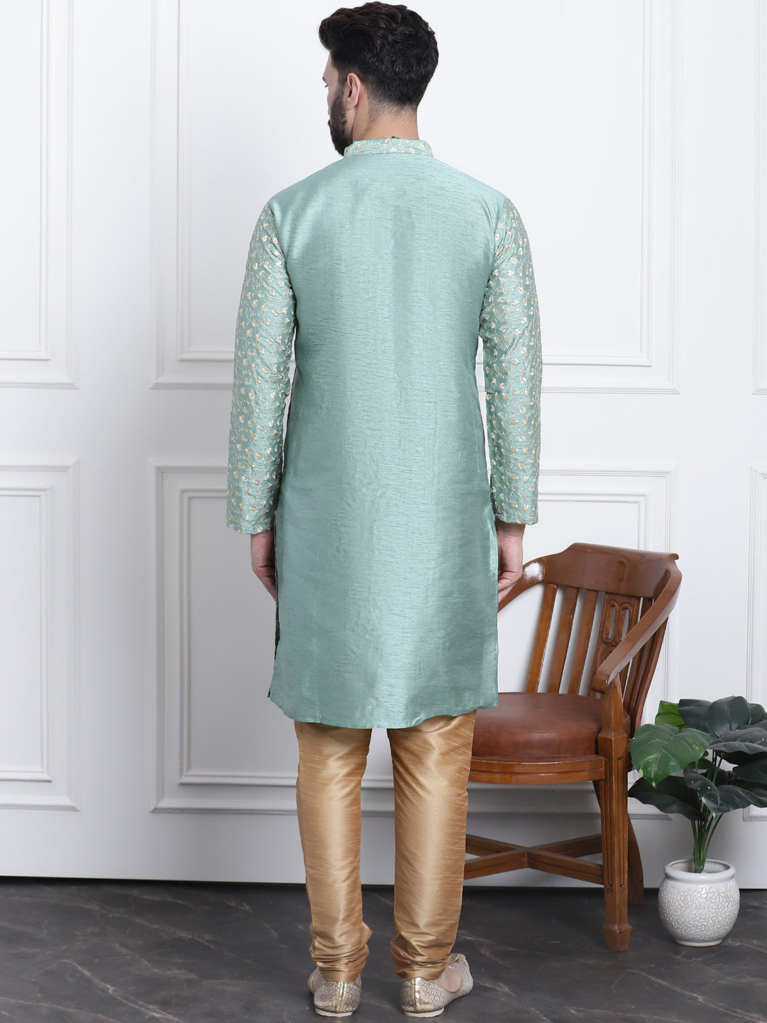 Men's Silk Blend Embroidered Dark Pista Kurta with Gold Churidaar Pyjama