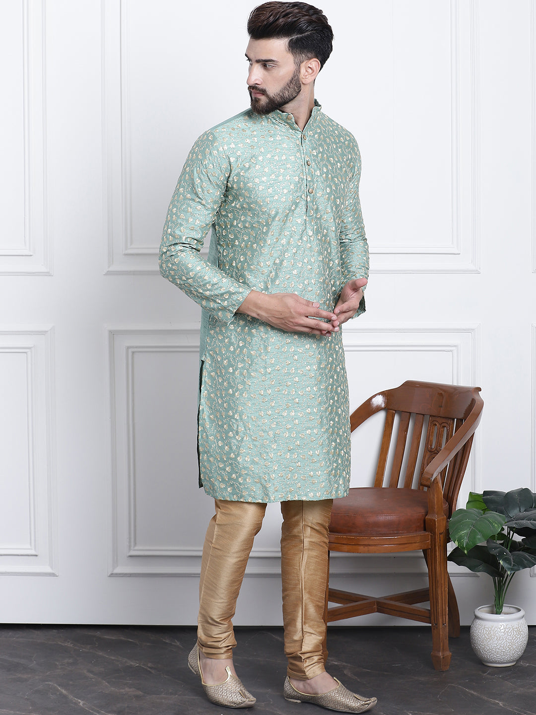 Men's Silk Blend Embroidered Dark Pista Kurta with Gold Churidaar Pyjama