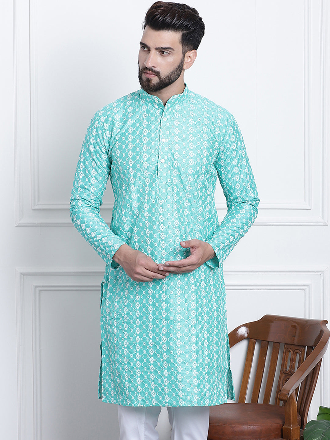 Men's Silk Blend Rama Green Embroidered ONLY Long Kurta