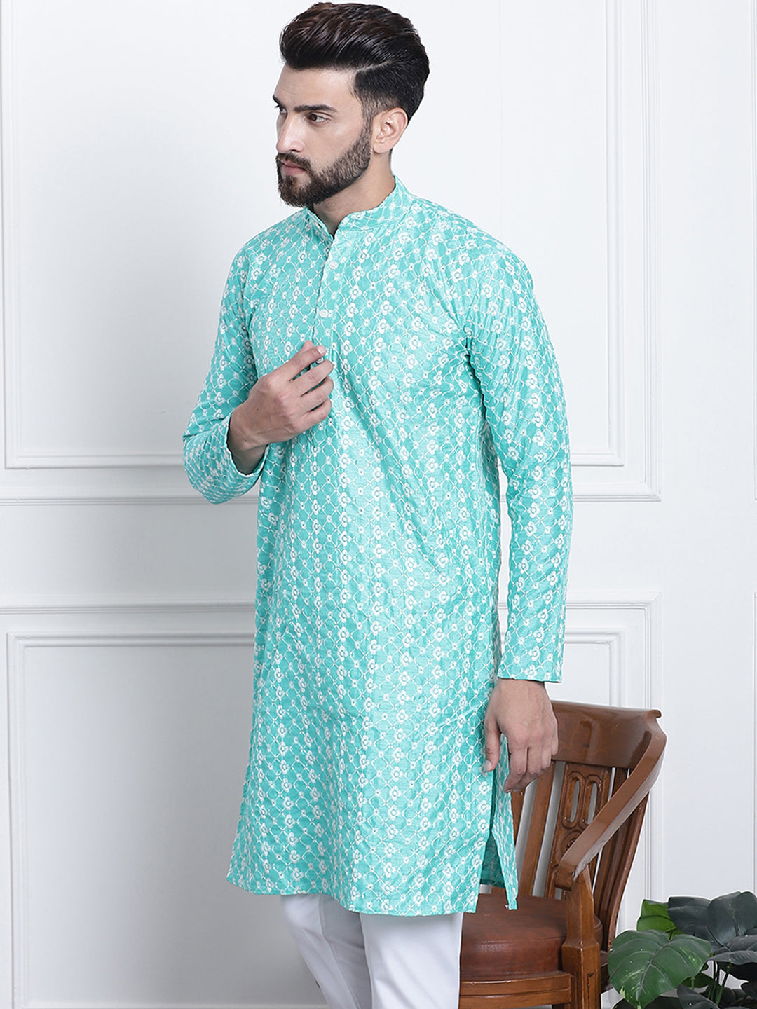 Men's Silk Blend Rama Green Embroidered ONLY Long Kurta