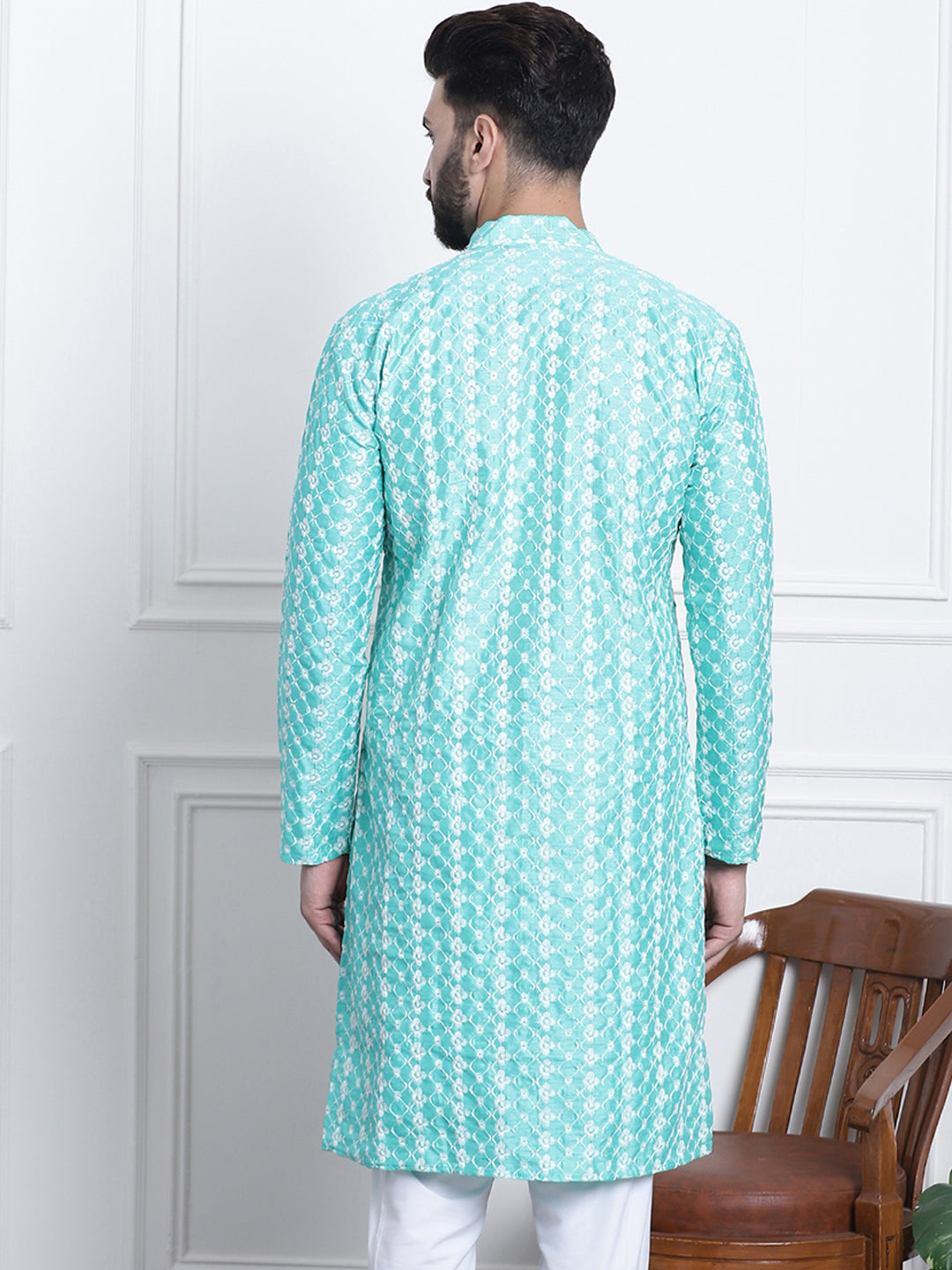 Men's Silk Blend Rama Green Embroidered ONLY Long Kurta