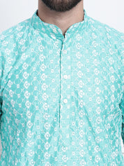 Men's Silk Blend Rama Green Embroidered ONLY Long Kurta