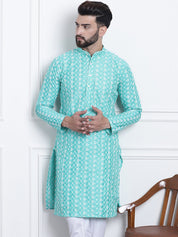 Men's Silk Blend Rama Green Embroidered ONLY Long Kurta