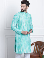 Men's Silk Blend Rama Green Embroidered ONLY Long Kurta