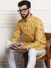 Men's Cotton Blend Floral Design Yellow Only Long Kurta