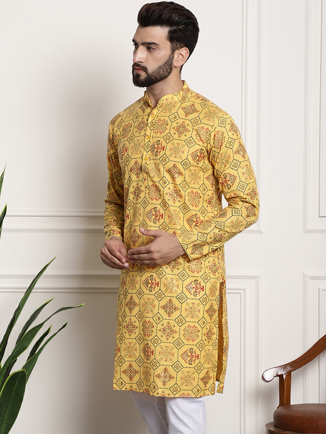 Men's Cotton Blend Floral Design Yellow Only Long Kurta