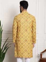 Men's Cotton Blend Floral Design Yellow Only Long Kurta