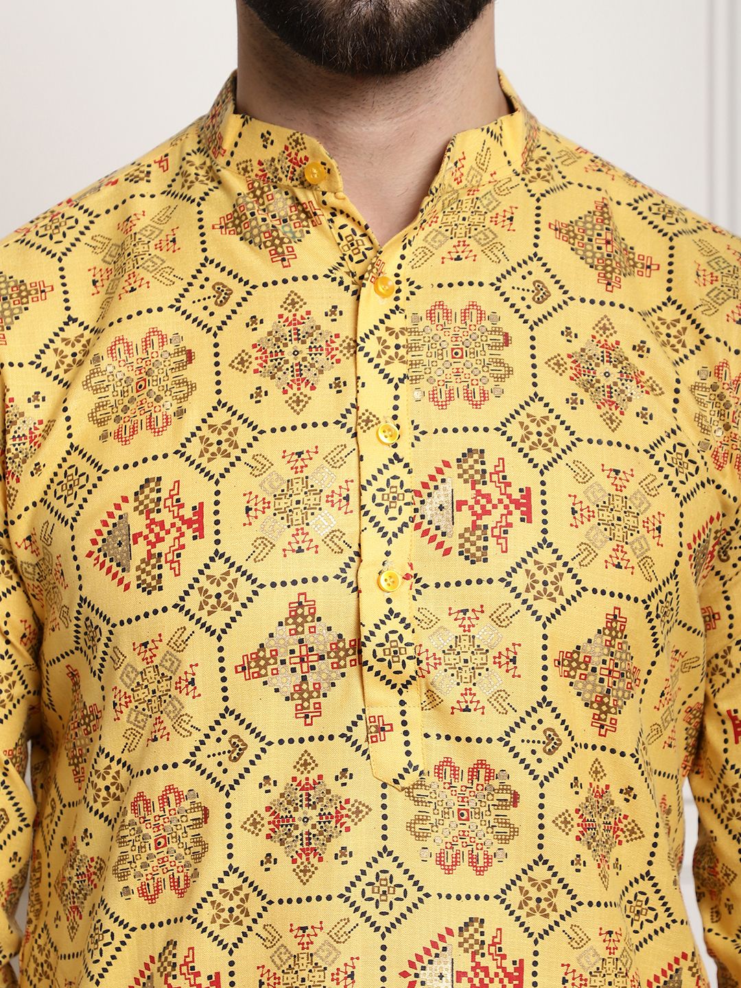 Men's Cotton Blend Floral Design Yellow Only Long Kurta