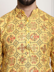 Men's Cotton Blend Floral Design Yellow Only Long Kurta