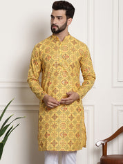 Men's Cotton Blend Floral Design Yellow Only Long Kurta