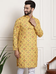 Men's Cotton Blend Floral Design Yellow Only Long Kurta