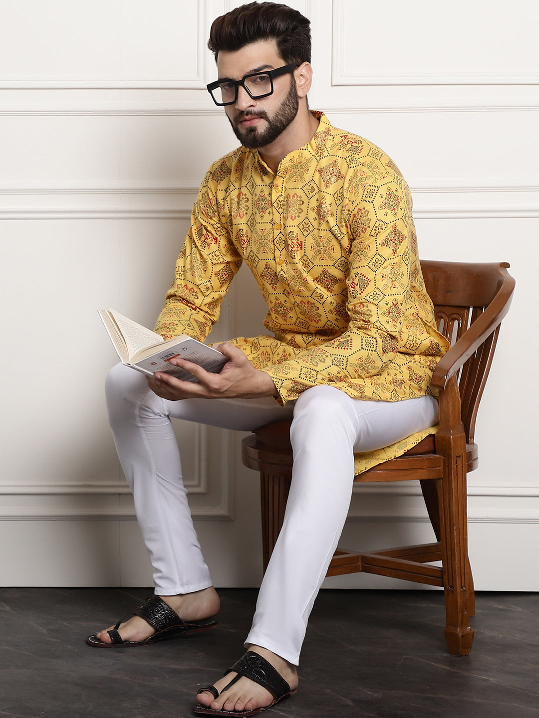 Men's Cotton Blend Yellow Kurta and Churidar Pyjama Set