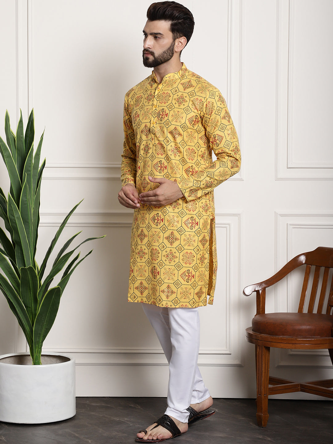 Men's Cotton Blend Yellow Kurta and Churidar Pyjama Set