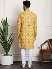 Men's Cotton Blend Yellow Kurta and Churidar Pyjama Set