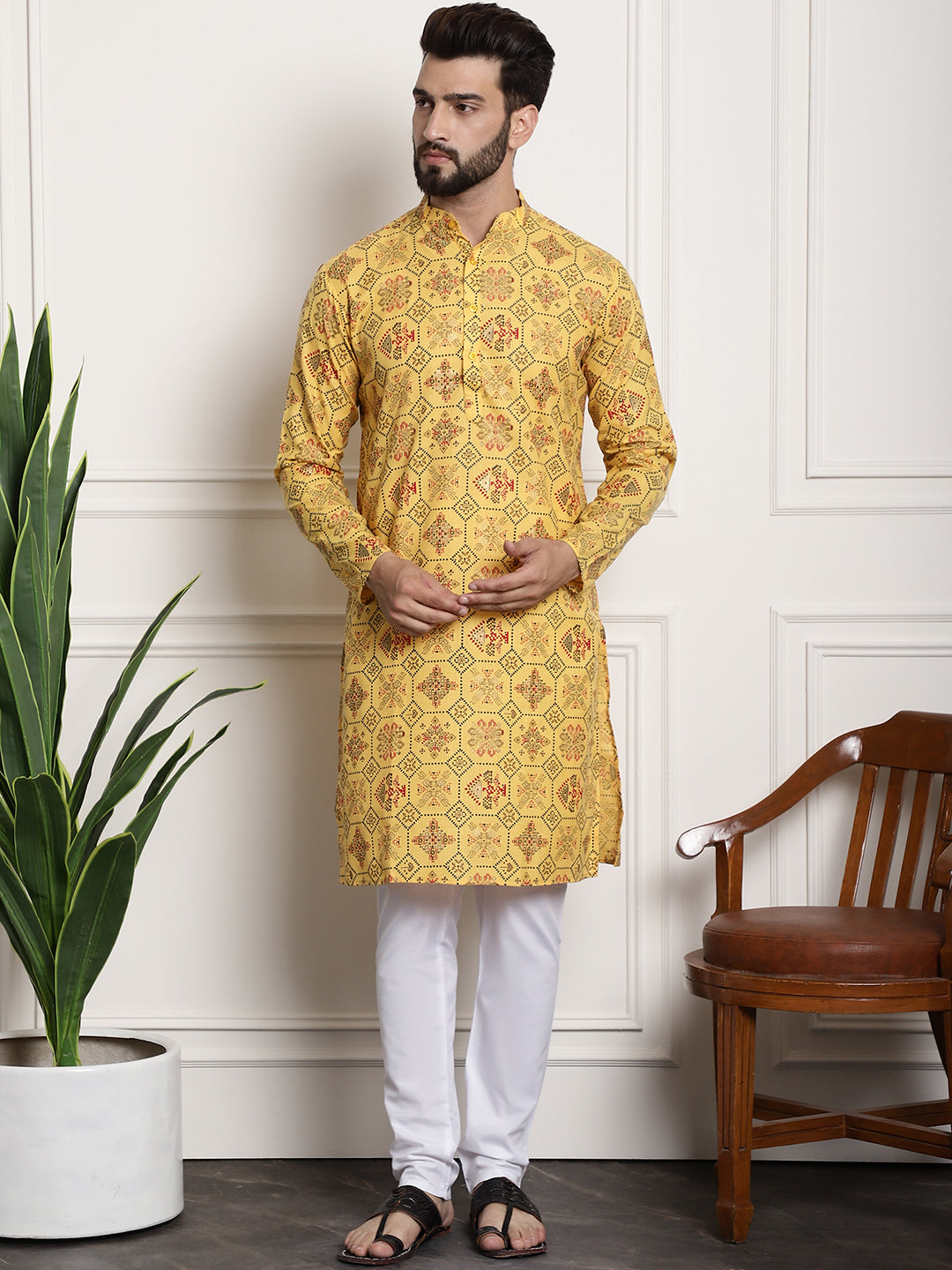 Men's Cotton Blend Yellow Kurta and Churidar Pyjama Set