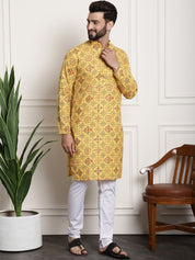 Men's Cotton Blend Yellow Kurta and Churidar Pyjama Set