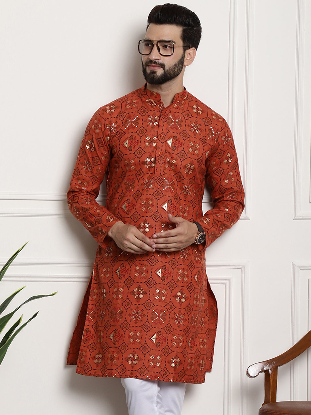 Men's Cotton Blend Floral Design Orange Only Long Kurta