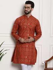 Men's Cotton Blend Floral Design Orange Only Long Kurta