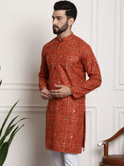 Men's Cotton Blend Floral Design Orange Only Long Kurta